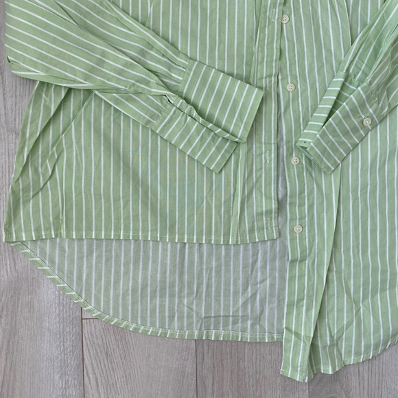 STORETS Green Striped Asymmetrical Button Down Shirt - Picture 7 of 9